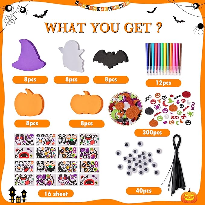 448 PCS Halloween Crafts - Foam Stickers Pumpkins, Ghosts, Bats & Witches Hat Decorations DIY Craft Kit for Party Favors & Activities