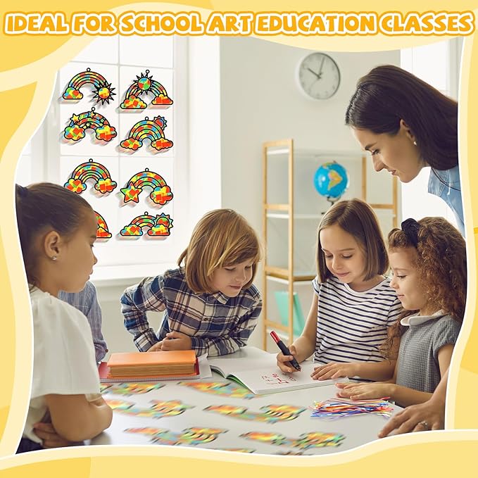 QOUBAI 32 Sets Rainbow Suncatchers Craft Kit DIY Window Stained Glass Effect Planet Rainbow Sun Paper Crafts Home School Classroom Decoration Kid Birthday Gift Creative Art Project Activity Game