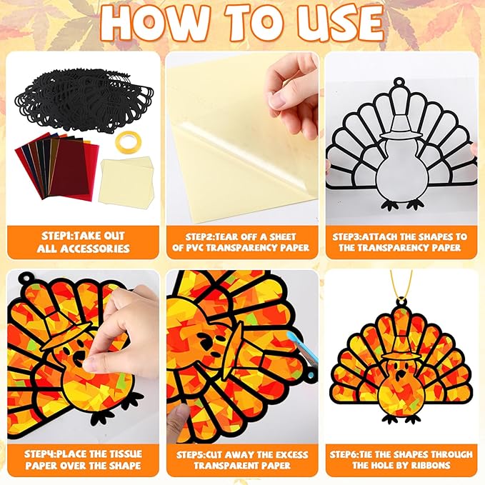 32 Sets Thanksgiving Turkey Suncatchers Craft Kit DIY Window Stained Glass Effect Thanksgiving Turkey Paper Crafts Home School Classroom Decoration Kid Birthday Gift Creative Art Project Activity Game