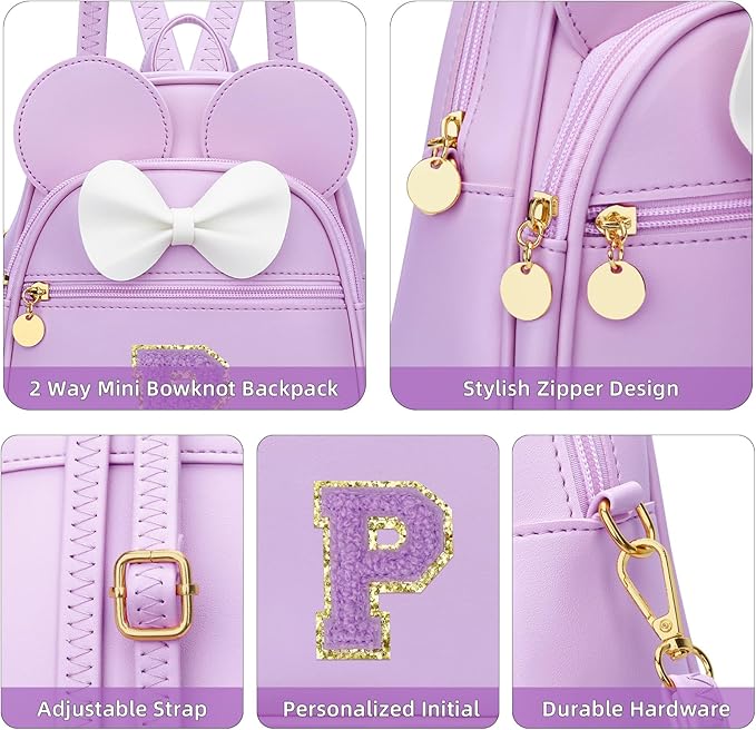 KKXIU Girls Initial Bowknot Cute Mini Backpack for Toddler, Travel Small Girl Backpacks, Personalized Trendy Stuff Gift for Little Girls and Kids(P, Purple)