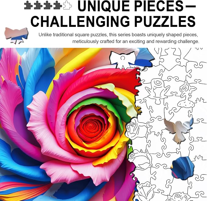 Wooden Puzzles for Adults 200 Pieces, Rainbow Swirl Rose Wooden Jigsaw Puzzles, Stress Relief Puzzle Gifts, Unique Shaped Brain Teaser, Wall Art Home Decor, Challenging Family Games 11.2"x11.2"