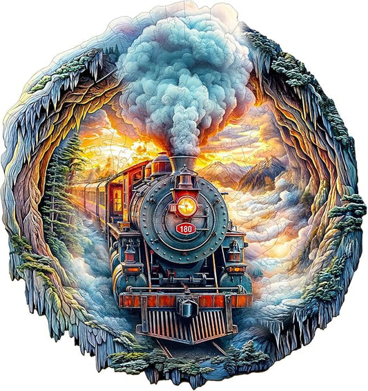 Wooden Puzzle for Adults - 3D Visual Steam Train When Completed - Unique Gift for Puzzle Lovers (S-8.5 * 8in 95pcs)