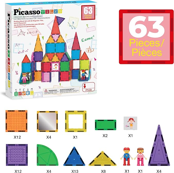 PicassoTiles 63pc Magnetic Tile Building Block Set with 2 Character Figures STEM 3D Construction Educational Toy for Kid Toddlers Boys Girls Age 3 Plus Montessori Learning Playset Creativity Kit PTL63