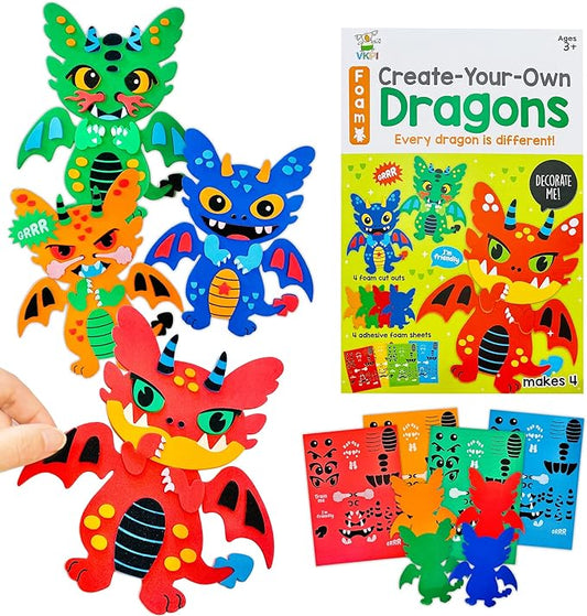VKPI 4 Pieces EVA Foam Art Crafts Gift Kit, Creative Make Your Own Dragon, Cartoon Foam Paper Craft Projects for Kids Ages 4+ Toddler, Preschool Learning Toy for Birthday Party Favor Supplies