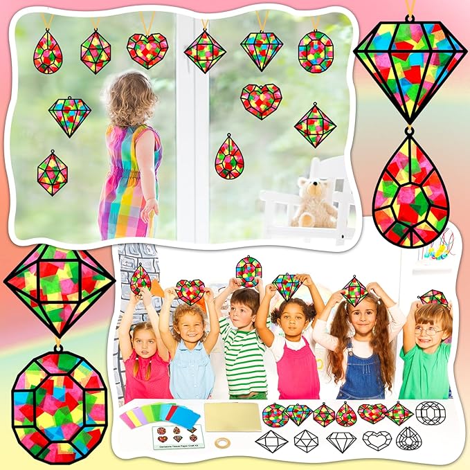 Qyeahkj 36 Set Jewel Suncatchers Crafts for Kids DIY Diamond Window Tissue Paper Craft Kit Jewel Hanging Decor for Summer School Home Activity Art Project Birthday Party Favor Gift