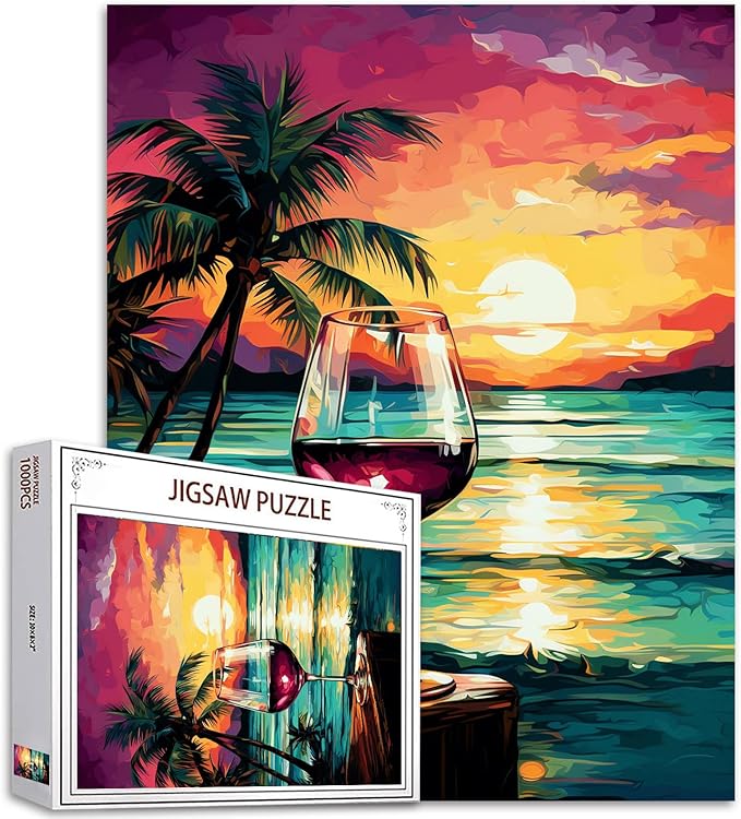 Landscape 1000 Piece Jigsaw Puzzles for Adults Red Wine Cup Painting Jigsaw Puzzle Tropical Seascape at Sunset 1000 Pieces Puzzles Game Home Wall Decor DIY Craft Green Coconut Tree Puzzle Art(Red)