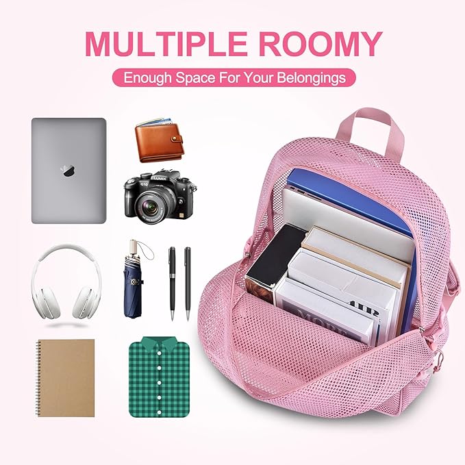 Mesh Backpack Heavy Duty for School, 24L Large Mesh Bookbag for Adults, Black School Bag with Comfort Padded Straps for Work Swimming Beach Fitness Sport(Pink)