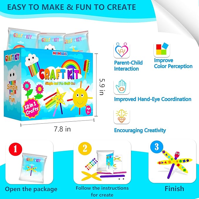 MHMYDIS First Craft Kit for Kids - 12 in 1 No Mess Creative Arts and Crafts kit for Kids Ages 4-8 - Toddler Crafts Kit Supplies - Gifts for Girls and Boys 3 4 5 6 7 8 Year Old