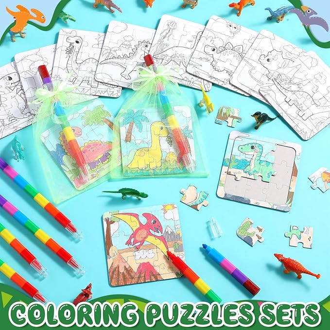12 Sets Dinosaur Puzzles for Dinosaur Theme Color Your Own Puzzles DIY Dino Jigsaw Crafts with 12 Stackable Crayons and 12 Bags for Tropical Jungle Gifts Birthday Party Supplies Favors