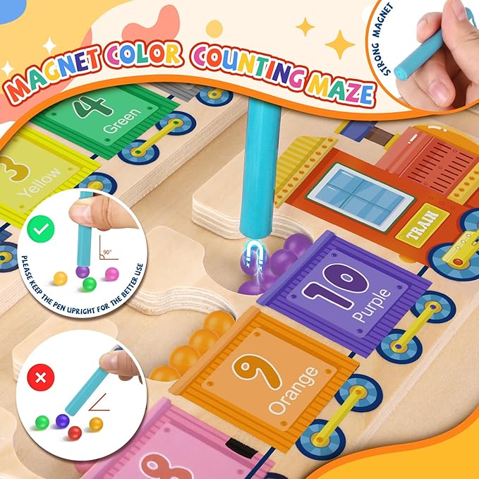 Magnetic Color and Number Maze,Montessori Toys for 2-5 Years Old Boys,Wooden Magnet Balls Puzzles,Toddler Busy Board,Preschool Learning Activities,Christmas & Birthday Gift for Kids