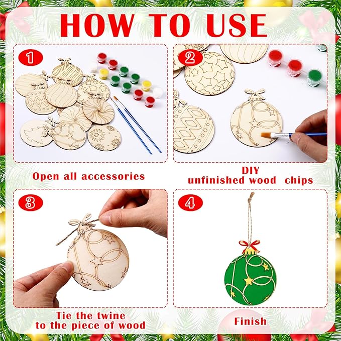 60 Pcs Wood Christmas Crafts for Kids DIY Paint Xmas Ornaments Blank Unfinished Wooden Cutouts Shapes Slices Hanging Embellishment for Christmas Tree Holiday Party Decor(Ball)