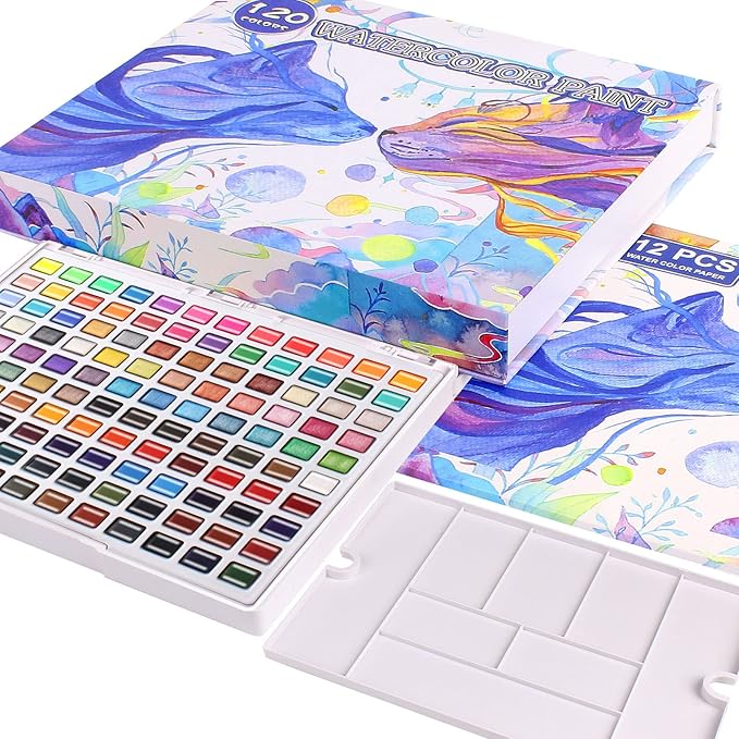 Gunsamg Watercolor Paint Set 120 Colors with Palette in Portable Box – Includes 12 Fluorescent, 15 Macron, 33 Metallic Colors – Watercolor Set for Kids, Adults, Beginners & Professional Artists, Travel Art Supplies Kit