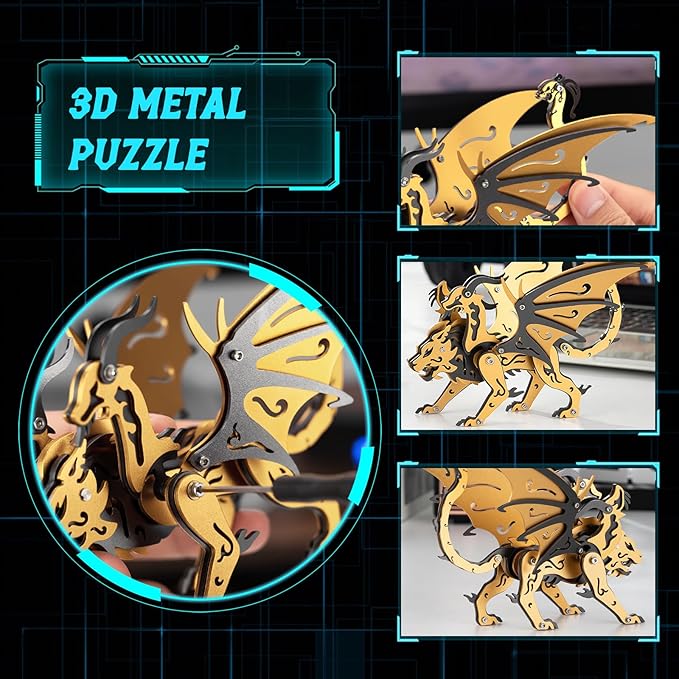 3D Metal Puzzles,3D Metal Puzzle for Adults,Mechanical Model Kit Chimera Black and Gold,Steel 3D Puzzles Stainless Steel Ornaments for Adults Home Decor Art Craft Gifts Toys.