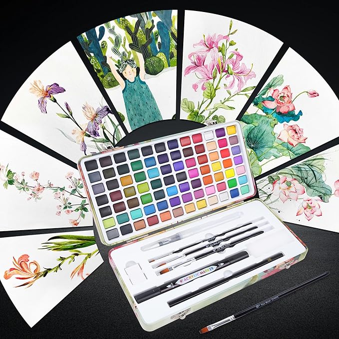 TBC The Best Crafts 84 Colors Watercolor Paint Set For Kids, Students and Artists, Amateur,Beginner.Set includes Coloring Sheets, Black Dual Tip Acrylic Paint Markers, Storage Bag