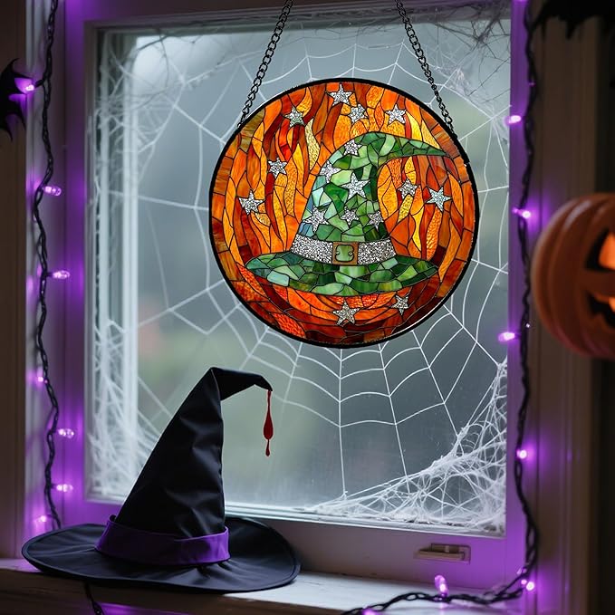 Stained Glass Window Hanging - Halloween Decorations Witch Hat Suncatcher for Doors Garden Indoor Spooky Funny Green Sun Catchers Gothic Decor Horror Gifts for Women Men Friend 7.8 in