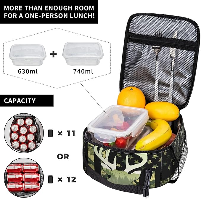 Camouflage Hunting Tactical Deer Camo Reusable Lunch Box Food Bag Insulated Lunch Bag for Teenage Boys Girls School Beach