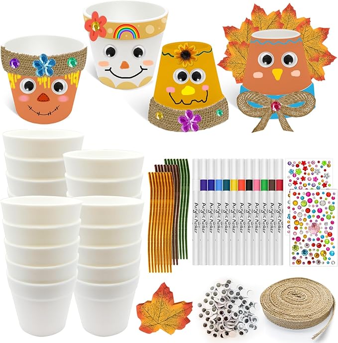 Cinrobiye 24 Set Fall Scarecrow Craft Kit DIY Garden Pot Plant Crafts Pot with Stickers for Fall Thanksgiving Autumn Harvest Classroom Creative DIY Art Project Bulk Painting (Scarecrow)