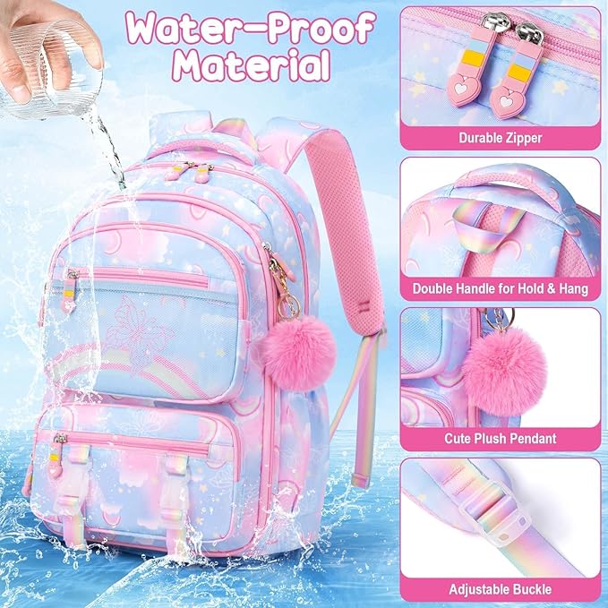 Fimibuke Kids Backpack for Girls, 3PCS Rainbow & Butterflies Teen Girls Backpack with Lunch Box & Pencil Case, Cute Blue Bookbag School Bag for Kindergarten Elementary Middle School Student Ages 5+