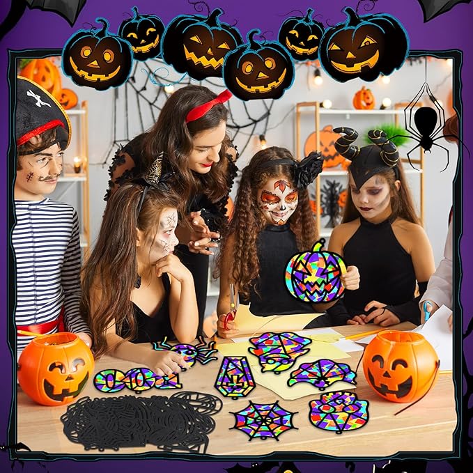 32 Sets Halloween Suncatchers Craft Kit DIY Window Stained Glass Effect Ghost Spider Skull Pumpkin Paper Crafts Home School Classroom Decoration Kid Birthday Gift Creative Art Project Activity Game
