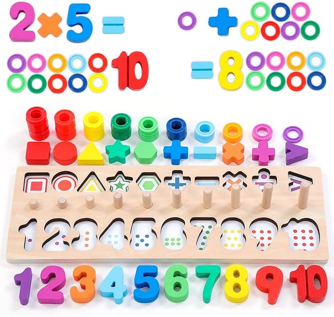 Wooden Montessori Toys for Kids Toddler Number Puzzles Sorter Counting Shape Stacker Stacking Game Preschool Toys for Boy Girl Learning Education Math Blocks Year Old Girl Gifts (Rainbow)