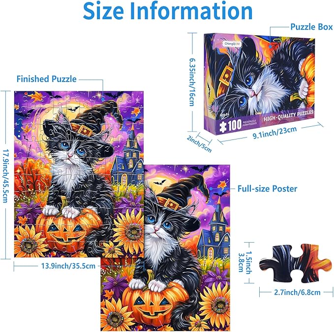 100 Piece Puzzles for Kids, Halloween Cat 100 Piece Puzzles for Adults, Cute Kitten Halloween 100 Pieces Puzzle for Kids Ages 4-8, Jigsaw Puzzle for Seniors Teens Brain Teaser