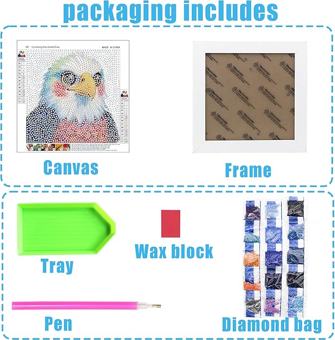 geesfayan Diamond Art Kits for Kids Ages 8-12,6 Inch DIY Gem Art Painting with 7 Inch Frame, Complete Starter Kit for Beginners, Creative Arts & Crafts Gift for Girls & Boys (Eagle)