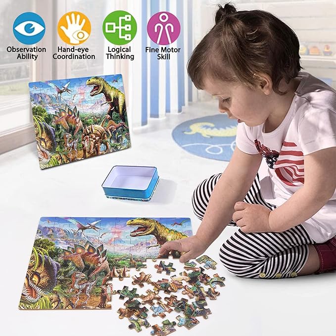 LELEMON Puzzles for Kids Ages 4-8,Tyrannosaurus 100 Piece Puzzles for Kids,Educational Kids Puzzles Ages 6-8 Jigsaw Puzzles in a Metal Box,Dinosaur Puzzles for Kids Ages 5-8 Cool Puzzle Games Toys