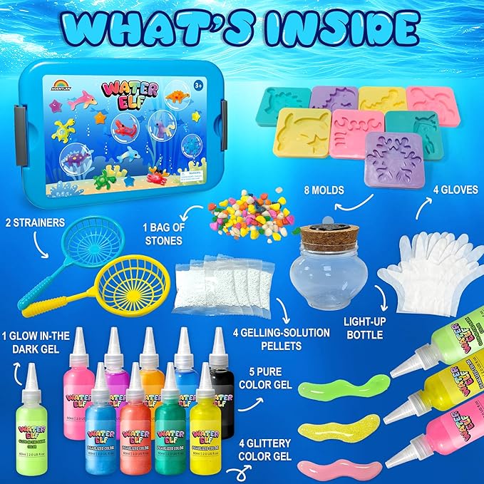 Magic Water Elf Toy Kit,Aqua Fairy Squishy Making kit with 10 Water gels&8 molds,Magic Jelly elf,Glow in The Dark Water Pets Craft Kits,Sensory Toy Gift Ages 3 4 5 6 7 8 9