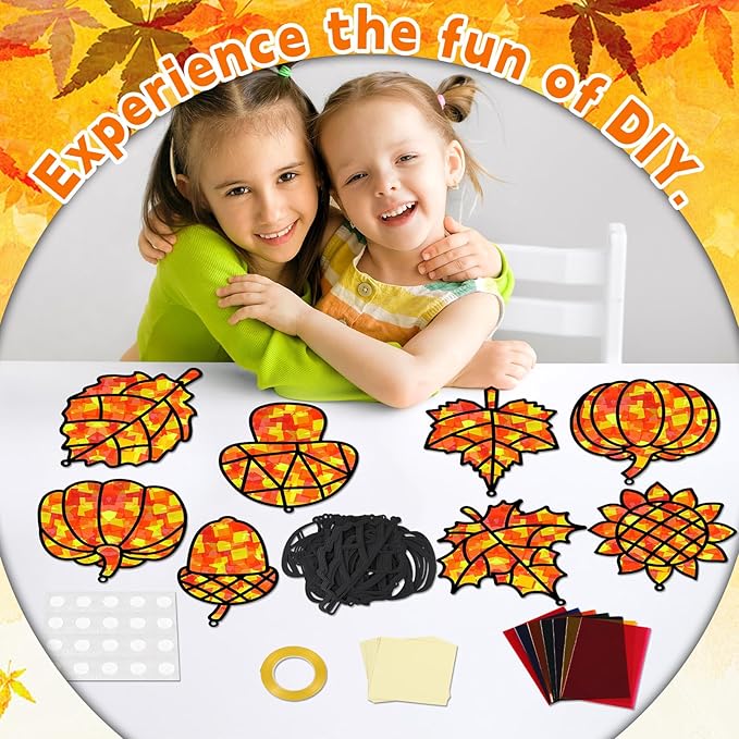 32 Sets Fall Thanksgiving Suncatchers Craft Kit DIY Window Stained Glass Effect Autumn Harvest Paper Crafts Home School Classroom Decoration Kid Birthday Gift Creative Art Project Activity Game