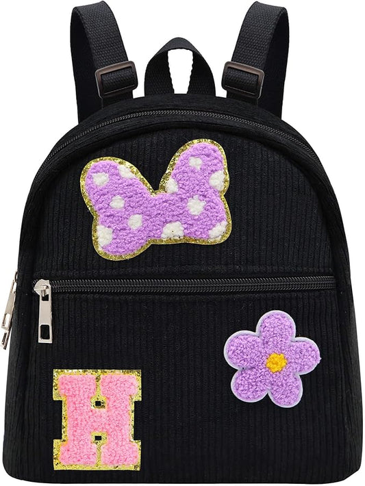 2 3 4 5 6 Year Old Girl Gifts Chenille Initial Mouse Bow Mini Backpack, Corduroy Toddler Backpacks Christmas Birthday Gifts for Girls 2-4 5-6, Black Mini Diaper Bag Must Haves for Park Travel Letter H