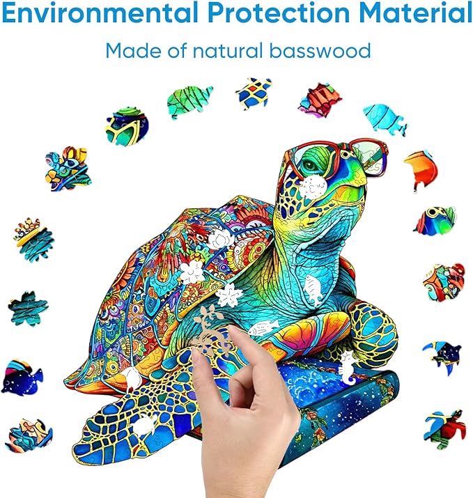 Wooden Puzzles for Adults 500 Pieces, Glasses Sea Turtle Deep Blue Jigsaw Puzzles, Unique Shape Animal Adult Puzzles, Irregular Wood Puzzles Best Gift for Adults Family Game(16.9 * 16.8 in)