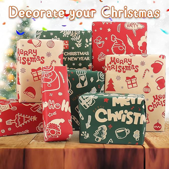 Merry Christmas Wrapping Paper Set, 6 Folded Sheets Green Red Kraft Xmas Wrap, Holiday Deer Trees Santa Snowman Kraft Winter Holiday New Year Gift Wrap for Women, Men, Boys, Girls