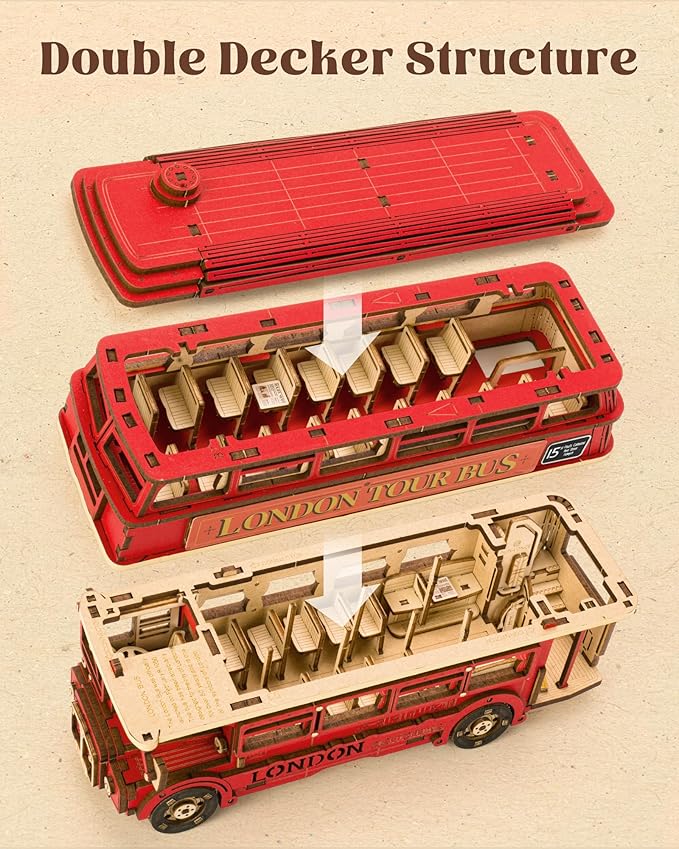 Rolife 3D Wooden Puzzles London Tour Bus 4.4" Wood Model Toy Car to Build Crafts for Adults Collectibles Gifts for Adults