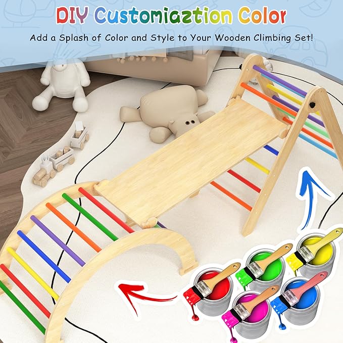 Large Pikler Triangle Set, 5 in 1 Foldable Baby Climbing Gym Indoor Montessori Climbing Set Wooden Toddler Climbing Toys with Arch, Ramp, Ladder