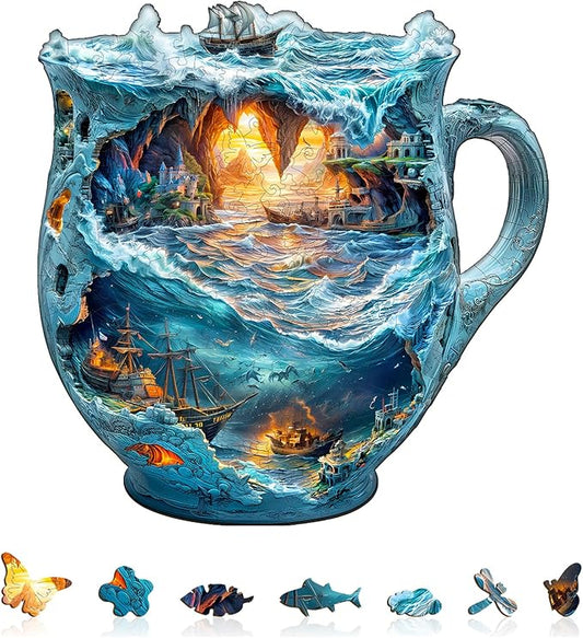 Wooden Puzzles for Adults, Wooden Jigsaw Puzzles for Adults Kids, Sea Navigation Mug Unique Shaped Wood Puzzles Adult, Creative Birthday Gifts for Friends Family Game(11.4 * 11.1in 180pcs)