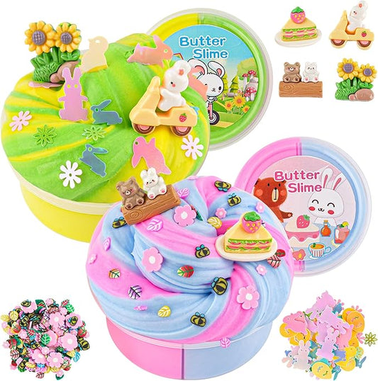 LAWOHO 2X120ml Butter Slime Kit Includes Two-Toned Butter Slimes with 6 Packs Add-Ins, Easter Slime Making Kit for Kids Party Favors Birthday Halloween Christmas Easter Basket Stuffers for Girls Boys