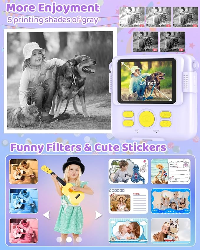 Instant Print Camera for Kids with 3 Rolls of Printer Paper, 1080P Toddler Digital Camera Toys for Age 3-12 with 32GB SD Card, Christmas & Birthday Gifts for 3 4 5 6 7 8 Year Old Girls & Boys (Purple)