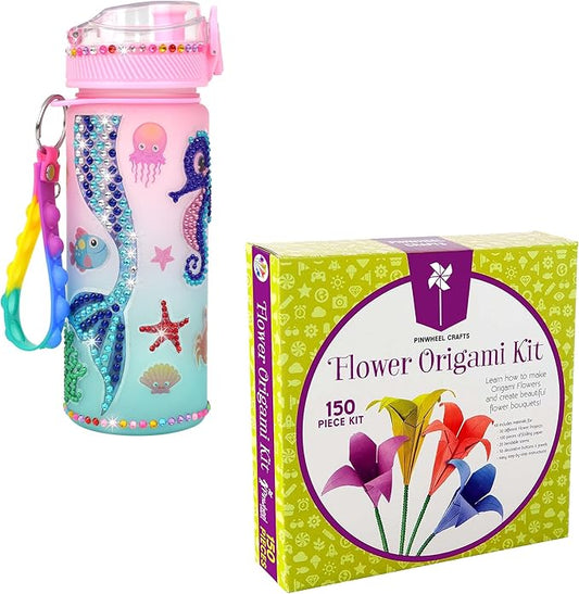 Pinwheel Crafts Flower Origami & Mermaid Water Bottle Decorating Kit Bundle – Creative Arts & Crafts Set for Kids Ages 6+ – Includes 100 Origami Sheets, Decorative Accessories, 600ml Water Bottle, Gem