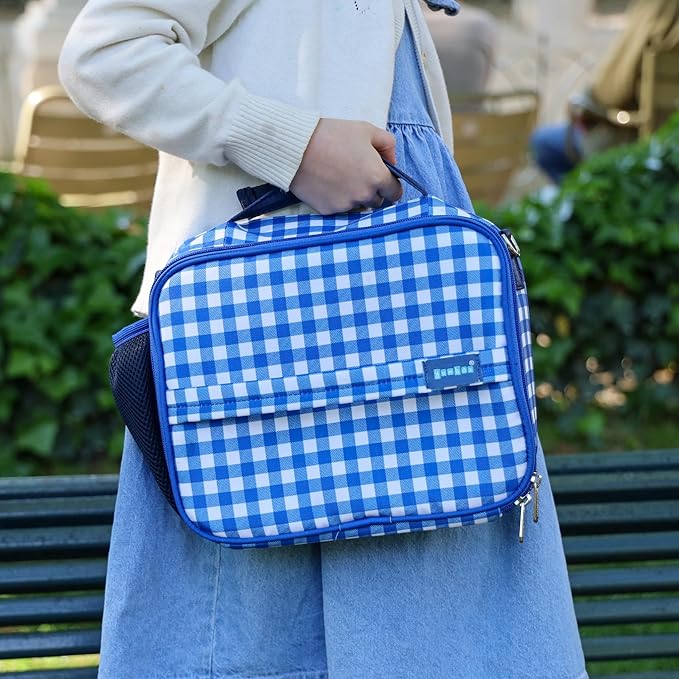 Yumbox Kids Lunch Bag, Holds Lunch Box and Water Bottle, 3 Ways to Carry, Zip Closure, Inside Zipper Netting, Wipe Clean Fabric with EVA lining for extra insulation (Vichy Blue)