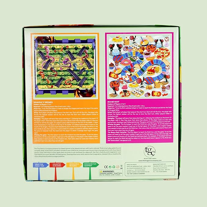 2-in-1 Family Board Game for Kids 5+ | Folding 19x19 Inch Board with 16 Pawns & Dice | Dragons & Bridges + Mouse Cafe | Educational & Fun Travel Game for Kids & Families