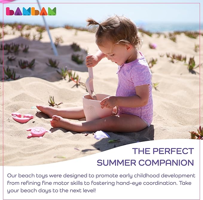 BamBam Baby โ Premium Silicone Beach Toys for Toddlers & Baby | 100% BPA Free, Safety Tested | 8 Piece Sand Bucket Set for Ages 6 Months and Up - (Blissful Pink)