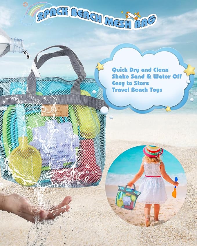 Beach Toys for Toddlers 1-3, Beach Toy Sand Toy for Kids Ages 4-8, 2 Collapsible Sand Bucket and Shovels, Mesh Bag, Sand Castle Animal Molds Sets, Travel Sandbox Toys for Toddlers Kids Age 3-10