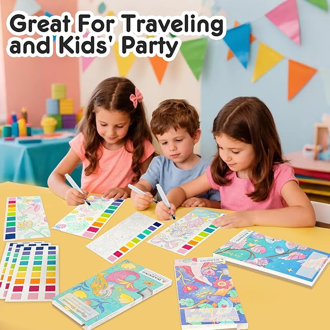 Watercolor Painting Coloring Books Pocket Watercolor Paint Bookmarks, Mess Free Paint with Water Set, Travel Activities Art Party Favors Exchange Birthday Gifts for Kids (3in1)