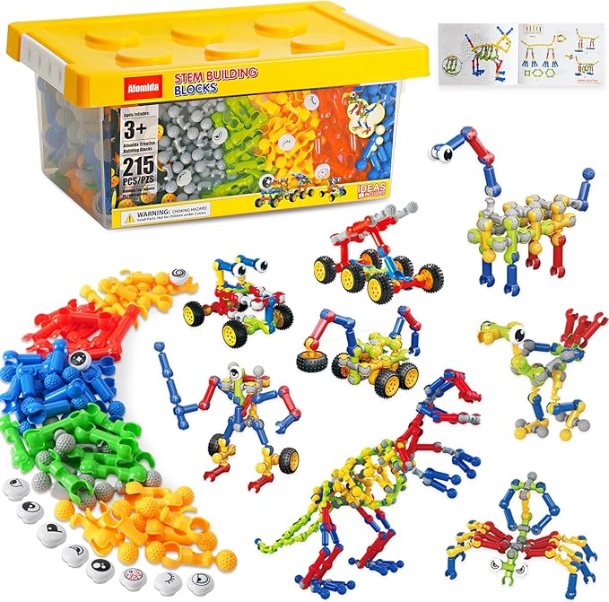 215 PCS Creative Building Blocks Playset Toy - Featuring Storage, Includes Dinosaur, Robot, Car, Spider, Dog Figure, Learning Toy for Kids, Birthdays Gift for Kids, Boys and Girls Ages 4-7, 8+