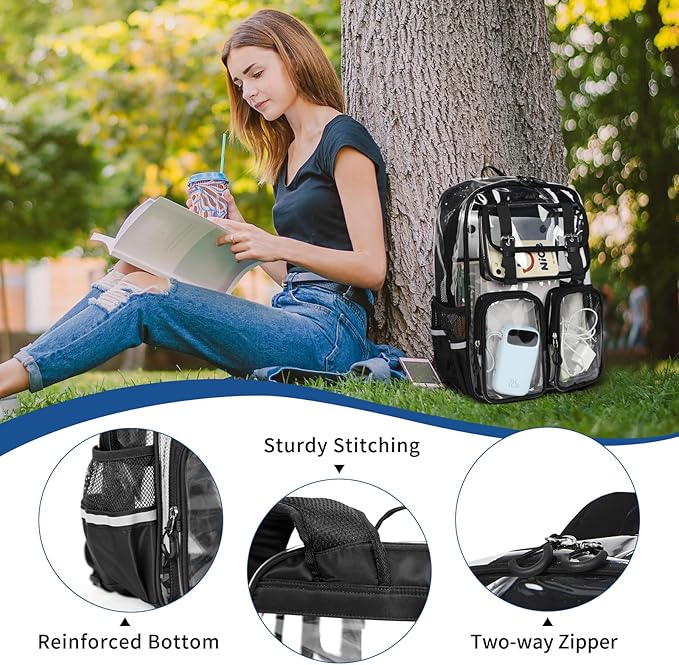 Clear Backpack for School - 17" Transparent Backpacks With Water-Resistant PVC Plastic Material and Ruggedly Reinforced Shoulder Straps, School Bag for Teen Boys Girls Black