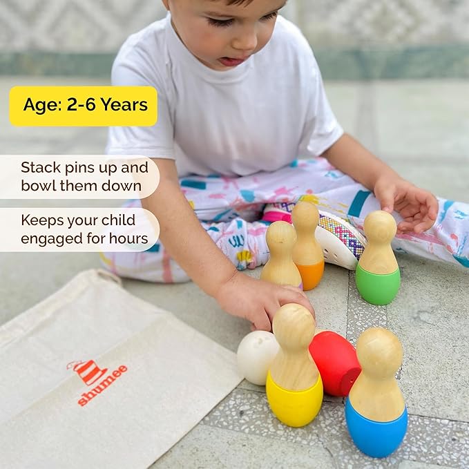 Shumee Montessori Wooden Kids Bowling set 2+ Years, Eco-Friendly Toddler Bowling Sets with 6 Pins & Ball, Indoor/Outdoor Bowling Set For Kids, Muscle & Brain Development, 100% Child-Safe Toy - Stripes