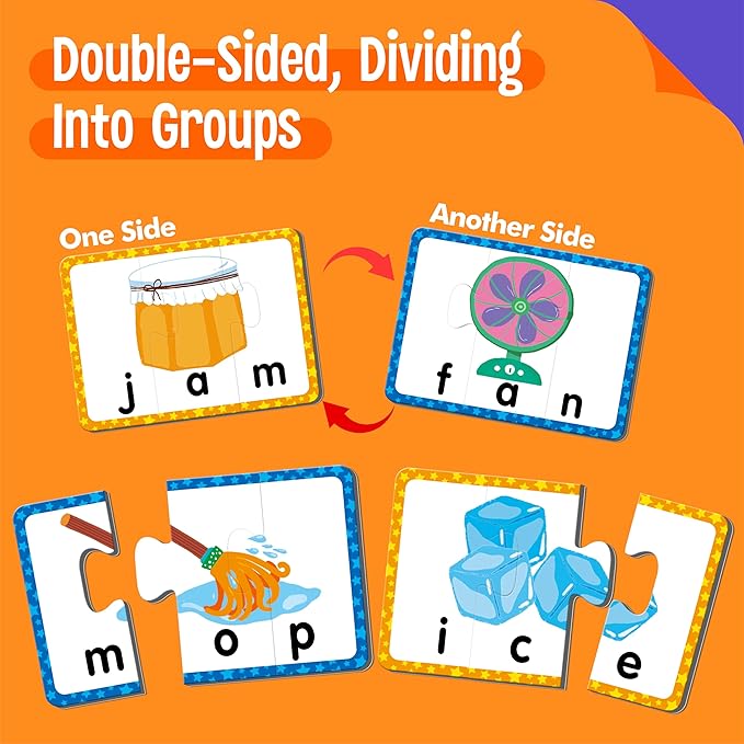 24 Set 3-Letter Word Puzzle Cards, 72 PCS Self Correcting Word Spelling Puzzles, Double Sided Puzzle Cards for Kindergarten Preschool Learning