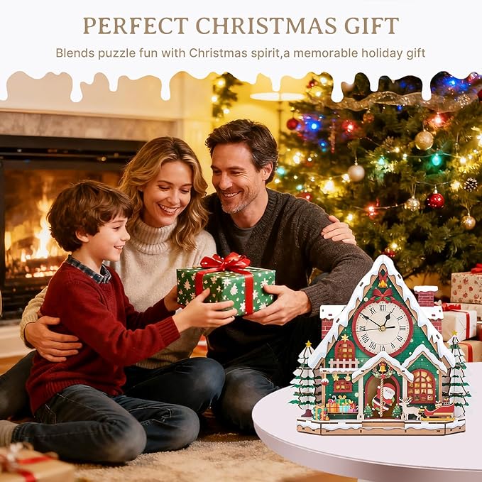 KAAYEE 3D Puzzle for Adult, Wooden Christmas Cabin Pendulum Clock Mechanical Model Kit, 66 PCS DIY Vintage Wall Clock Building Kit, Creative Craft Gift for Birthday Home Decor (Battery Not Included)