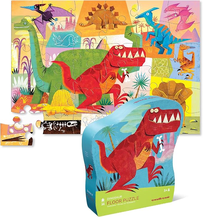 Crocodile Creek 36-Piece Jigsaw Floor Puzzle - Fun Floor Puzzles for Kids Ages 3-5 - Heavy-Duty Shaped Box for Storage - Dinosaur - 27" W x 20" H Finished