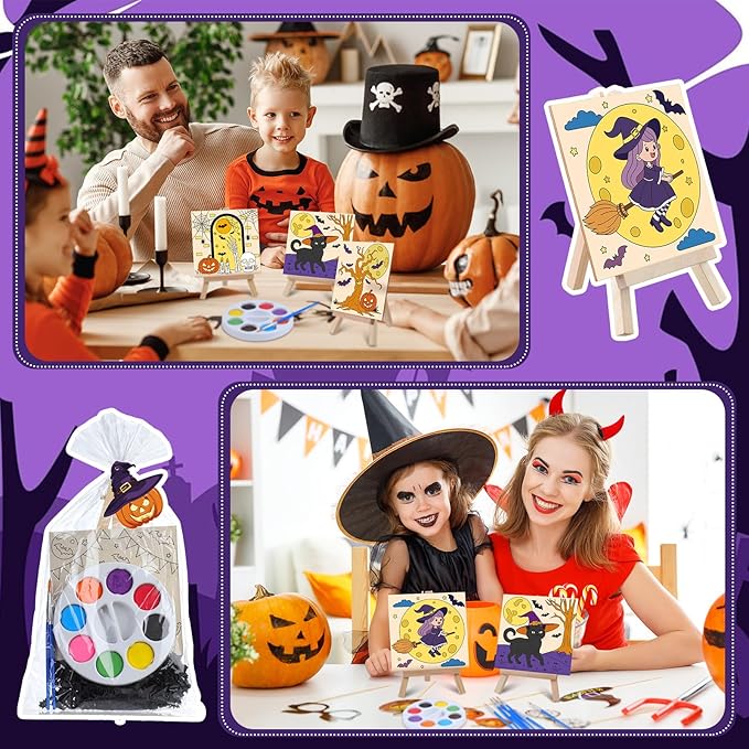 87 Pcs/12 Set Halloween Unfinished Wood Crafts Set Holiday Painting Gift Bulk Predrilled Wooden Ornaments Watercolor Paints with Cards Craft for Holiday Bags Party Supplies